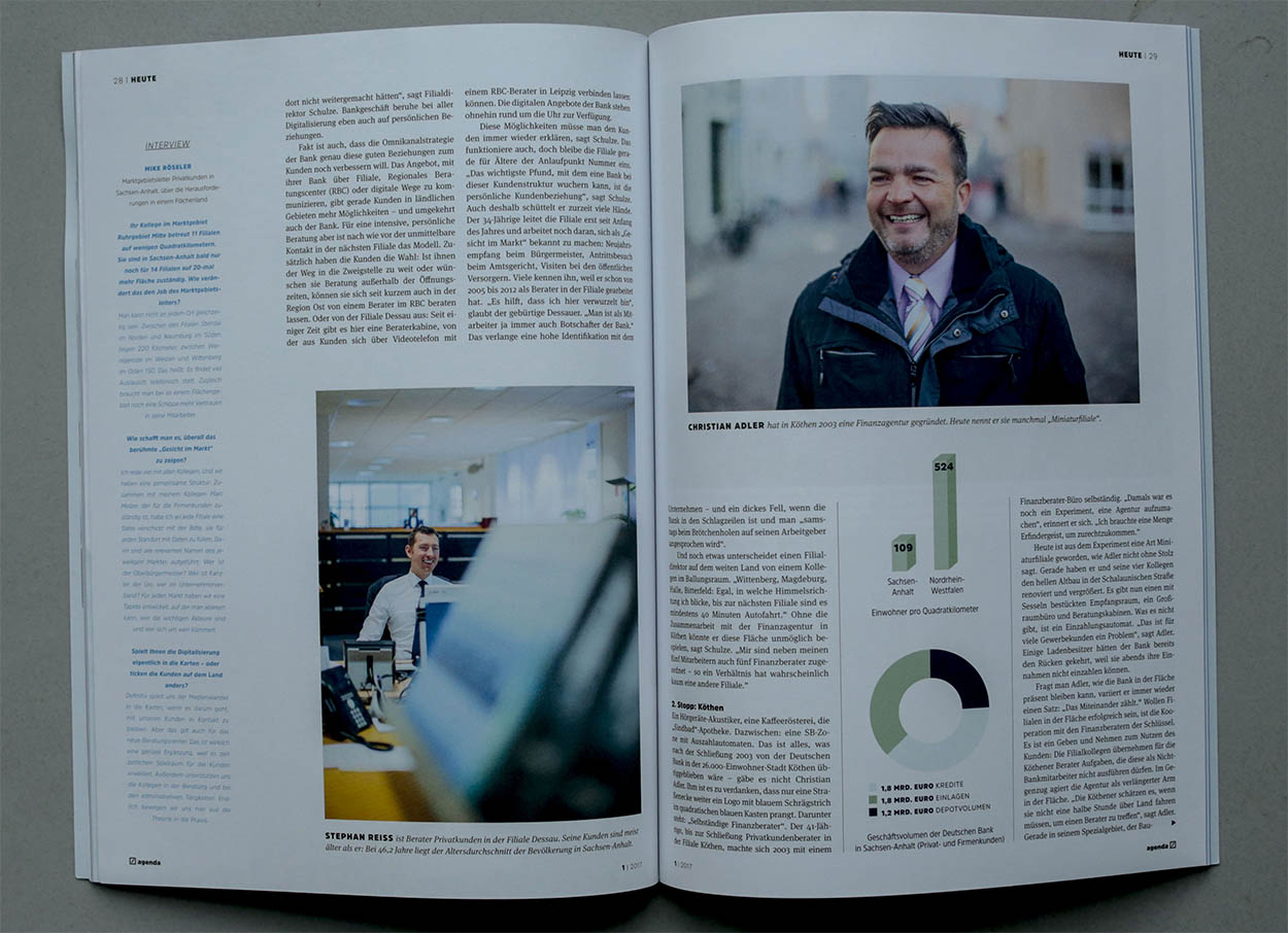 16/53&emsp;&emsp;&emsp;&emsp;AGENDA Magazine - Banking in the rural area of Saxony-Anhalt - Agency: Zimmermann Editorial - Client: Deutsche Bank - 2017