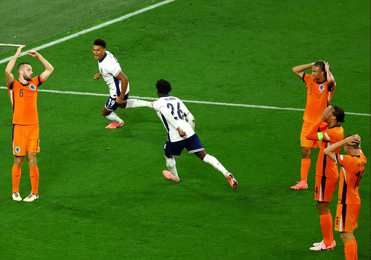 18/25&emsp;&emsp;&emsp;&emsp;England's Ollie Watkins celebrates a goal in the Semi Final agains The Netherlands in Dortmund